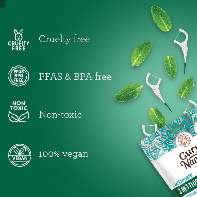 GuruNanda 2 in 1 Dental Floss Picks for Oral Care, PFAS Free – Non-Slip Grip, Slide Easy, No Break or Shred Flosser with Interdental Pick for Healthy Teeth & Gums – Mint Flavor, 300 Count (1 Pack)