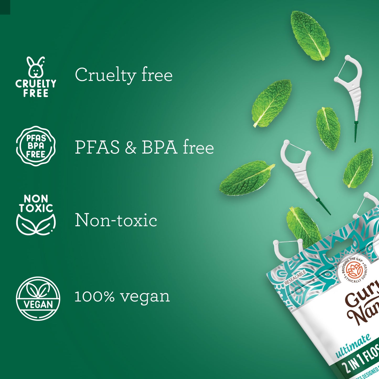 GuruNanda 2 in 1 Dental Floss Picks - Non-Slip Grip Handle, Slide Easy, No Break or Shred Flosser - Complete Oral Care with Interdental Pick for Healthy Teeth & Gums - Mint Flavor, 40 Count (1 Pack)