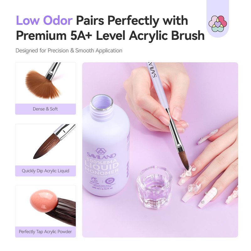 SAVILAND EMA Monomer Acrylic Nail Liquid: 6.76fl.oz Non-Yellowing Low Odor Acrylic Liquid Monomer with Size 8,10,14 Brushes for Beginners DIY Nail Art Extension & 3D Sculpting Home Salon