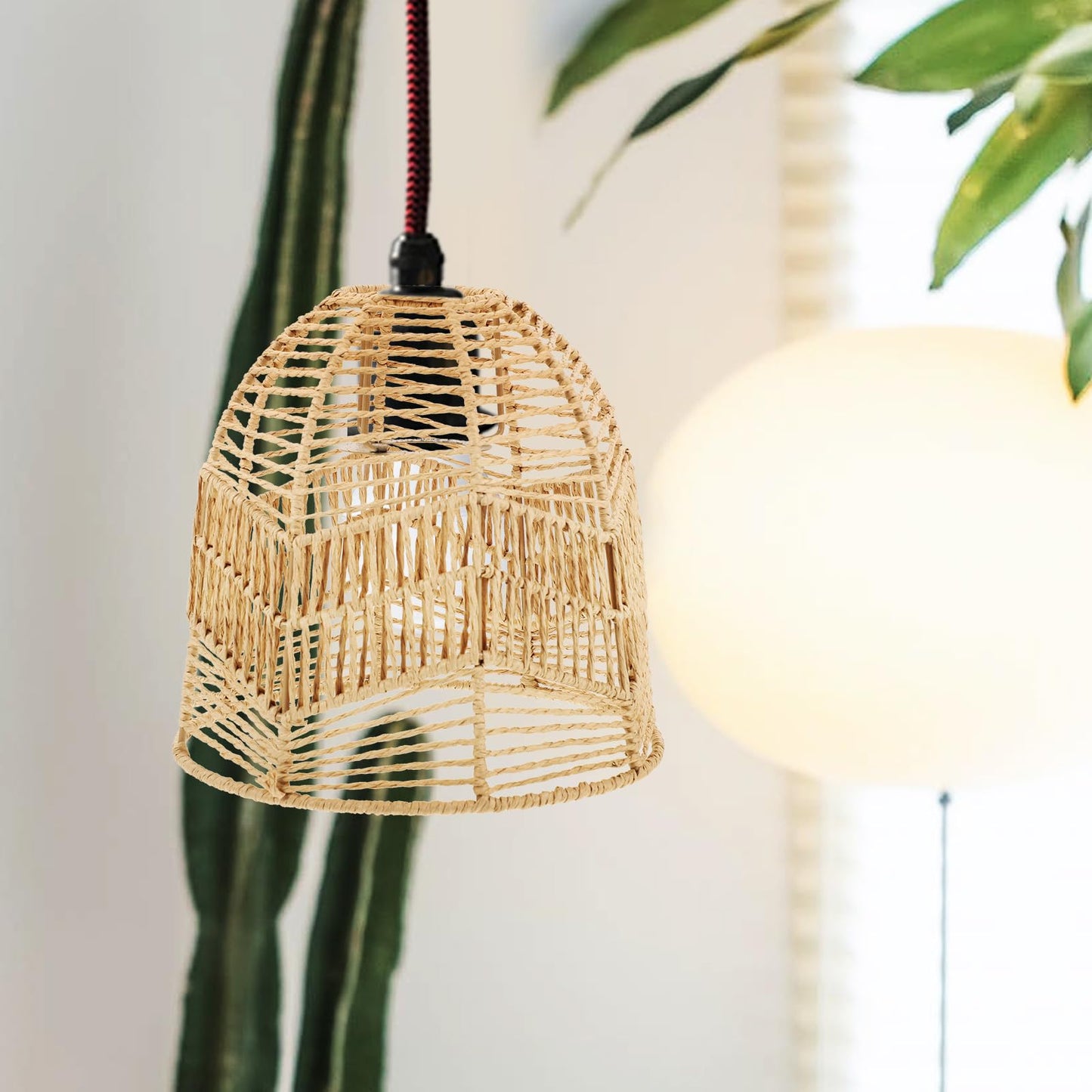 Rattan Lamp Shade, Boho Wicker Woven Pendant Light Lamp Shades Replacement for Chandelier, Floor Table Hanging Light