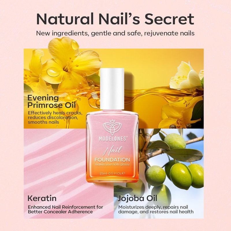 modelones Nail Strengthener, Sparkle Pink Nail Polish Nail Repair for Damaged Nails Hardener Air Dry Nail Growth Polish Natural Nail Concealer Foundation Gifts for Women 15ml