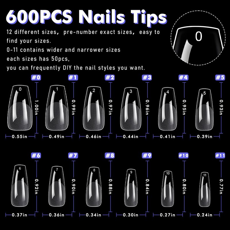 Bellelfin 600pcs Medium Coffin Nail Tips - 15sizes Full Cover Soft Gel Nails Tips,Medium Clear Press on Nails Coffin Fake Nails for Nail Extension Diy Home Nail Art