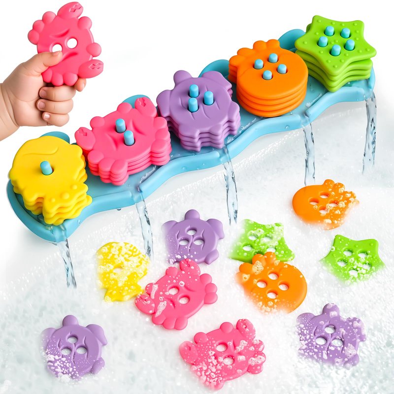 Baby Bath Toys for Kids Ages 1-3 Mold Free Bath Toys Toddlers 2-4 Silicone 21 PCS Ocean Shape Sorters for Toddlers 1-3 Stacking Bathtub Suction Water Play Toys for Toddlers 3-5 Boy Girl Early Learning