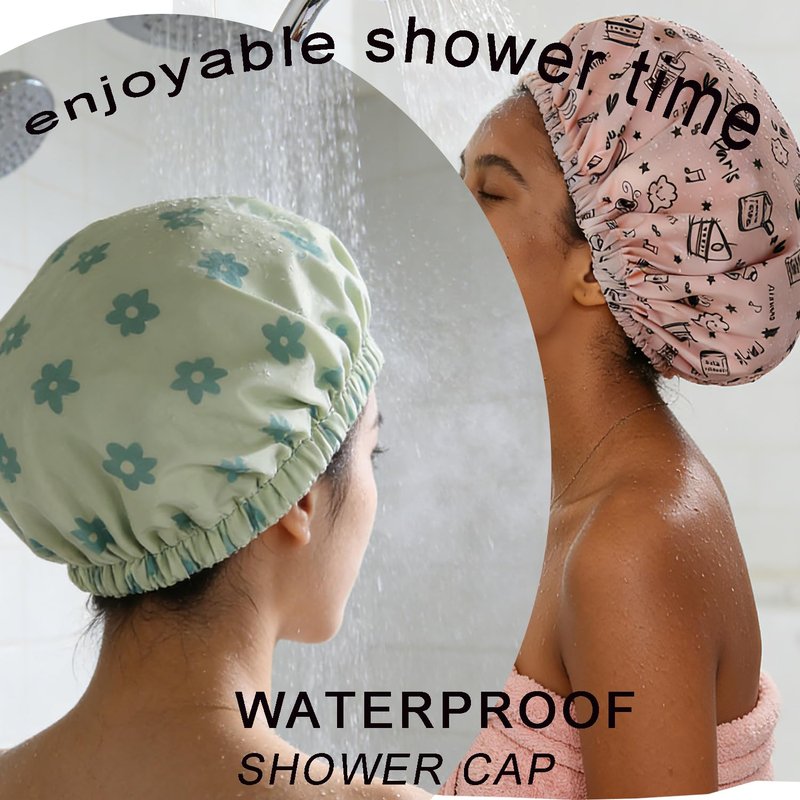 2Pcs Genergy Luxury Satin lined Shower Cap With Scrunchy and Packing Bag Waterproof Baths Cap For All Hair Lengths Frizz Free Reusable Adjustable Large Double Layers Cap for Women Shower Spa Travel