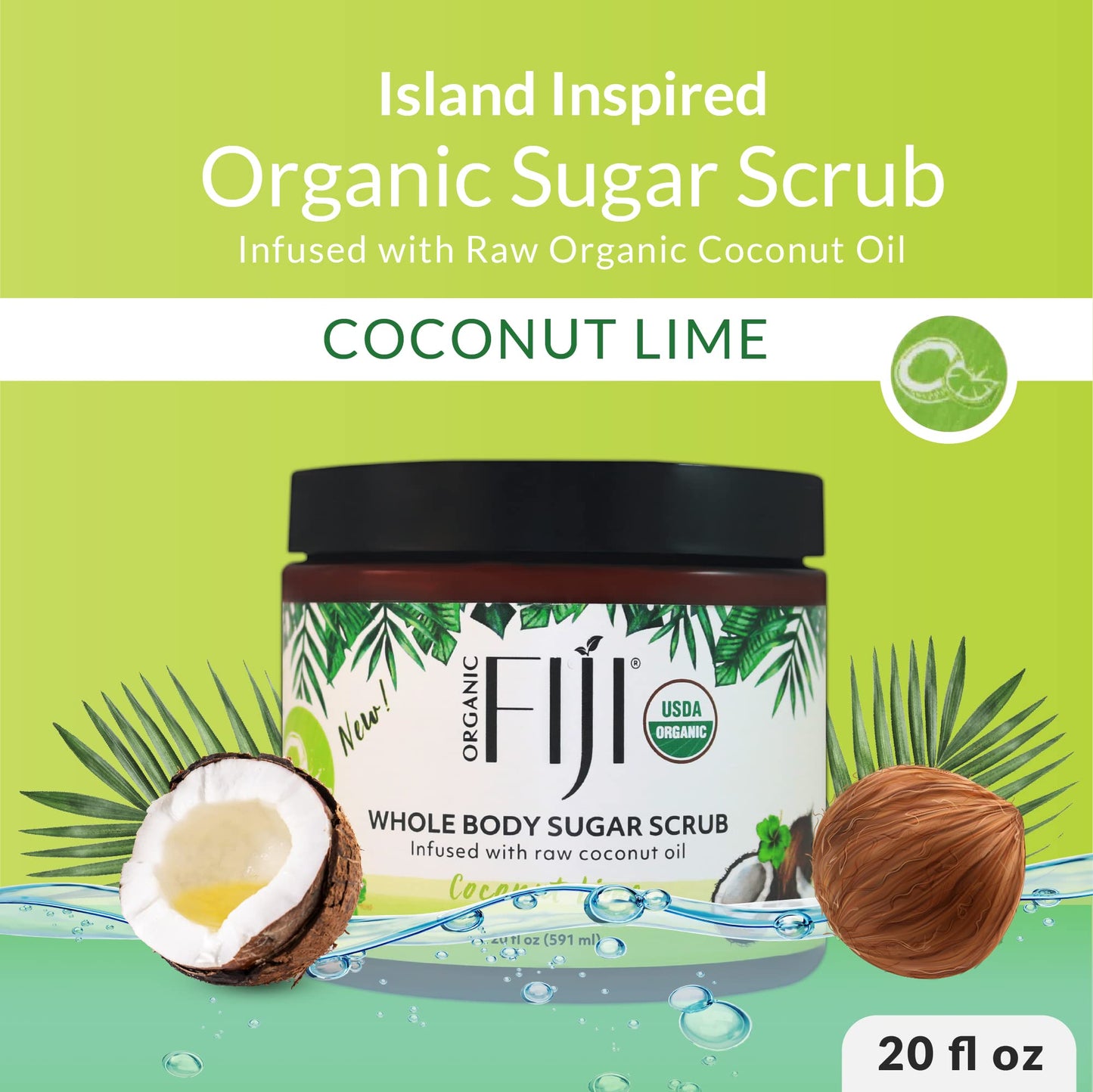Organic Fiji Whole Body Scrub - Infused with Coconut Oil, Exfoliating Sugar Scrub for Smooth and Soft Skin, Exfoliates & Restores Skin's Natural Biosphere, Coconut Lime 20 oz