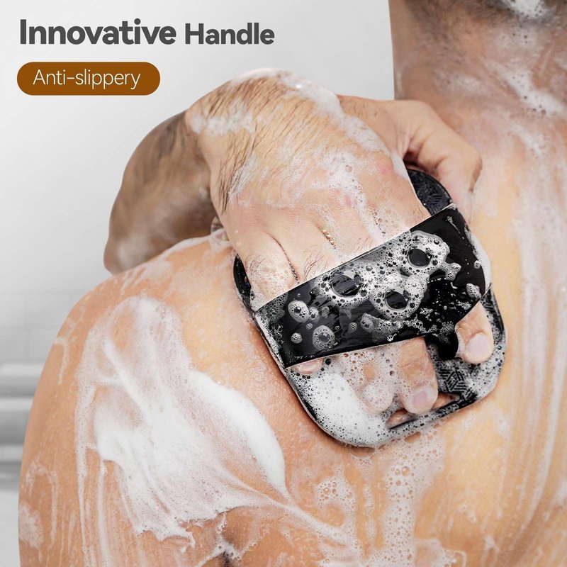 Silicone Body Scrubber in Shower for Men - with Enhanced Lather Bristles and Ergonomic Anti-Slippery Handle for Deeply Cleaning (Black + Gray + Pink)