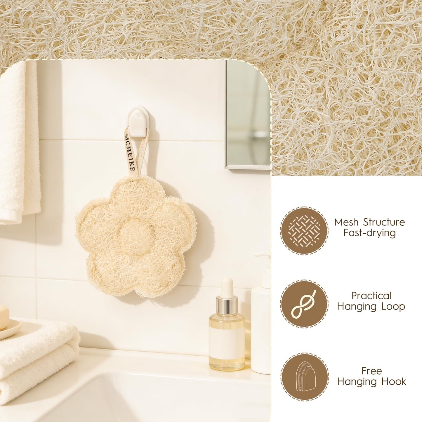 EMCHEIKE Natural Loofah Exfoliating Body Scrubber with Adhesive Hook Natural Egyptian Shower Loofah Sponge Thin and Soft Travel Loofah Sponge for Women & Men (3 Packs)