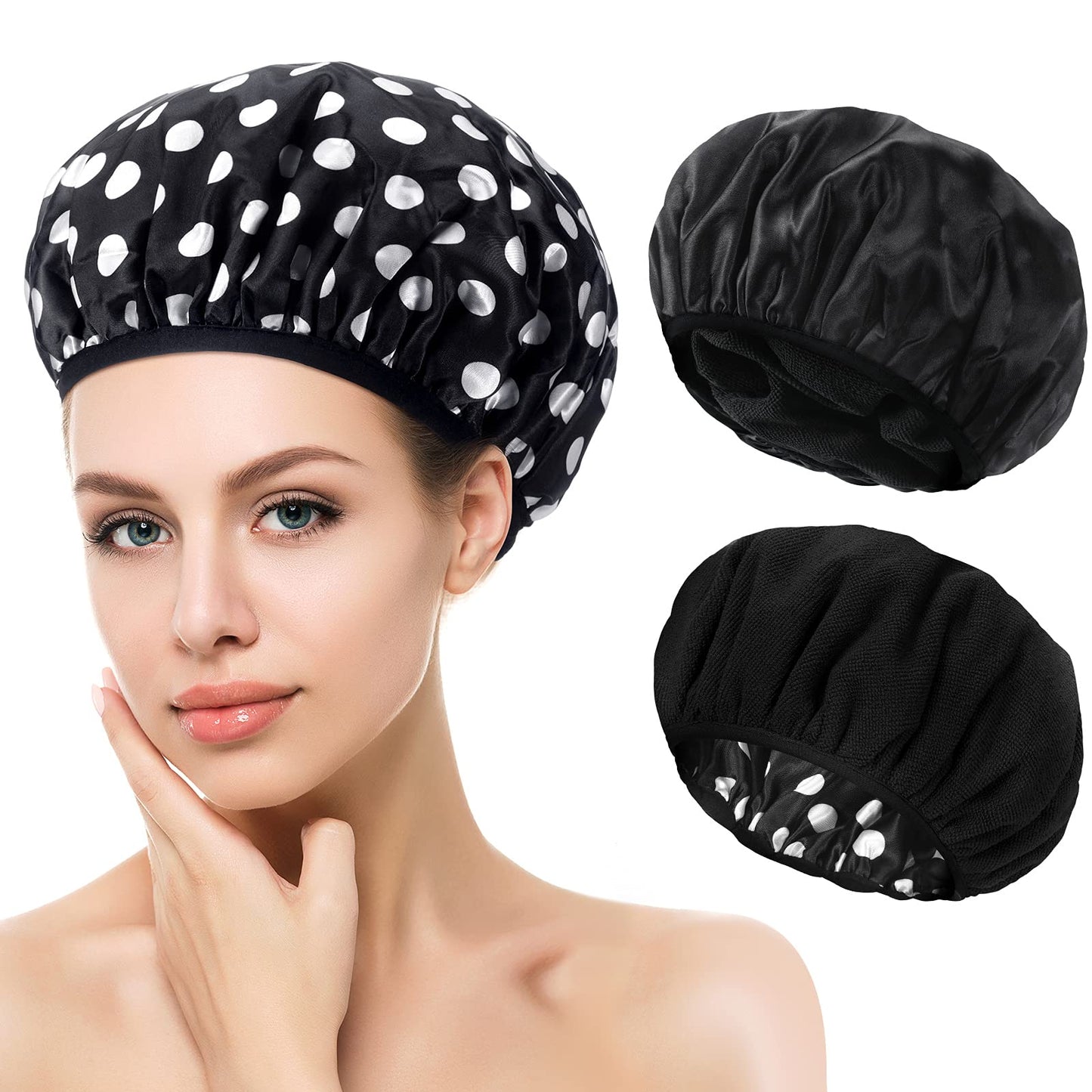 Geyoga 2 Pcs Shower Cap Terry Lined Shower Cap for Women Large Triple Layer Bath Hat with Microfiber Dry Hair Function Breathable Bath Hat Reusable Waterproof for Long Hair(Vintage Pattern)