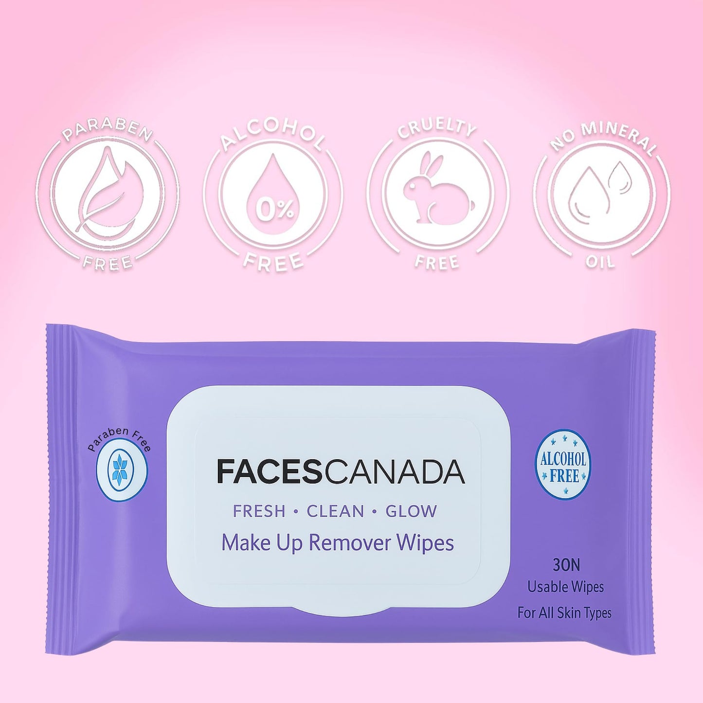 FACESCANADA Fresh Clean Glow Makeup Remover Face Wipes | Gentle Facial Towelettes | Ultra Soft | Removes Oil, Dirt & Makeup | Alcohol Free (30 Wipes)