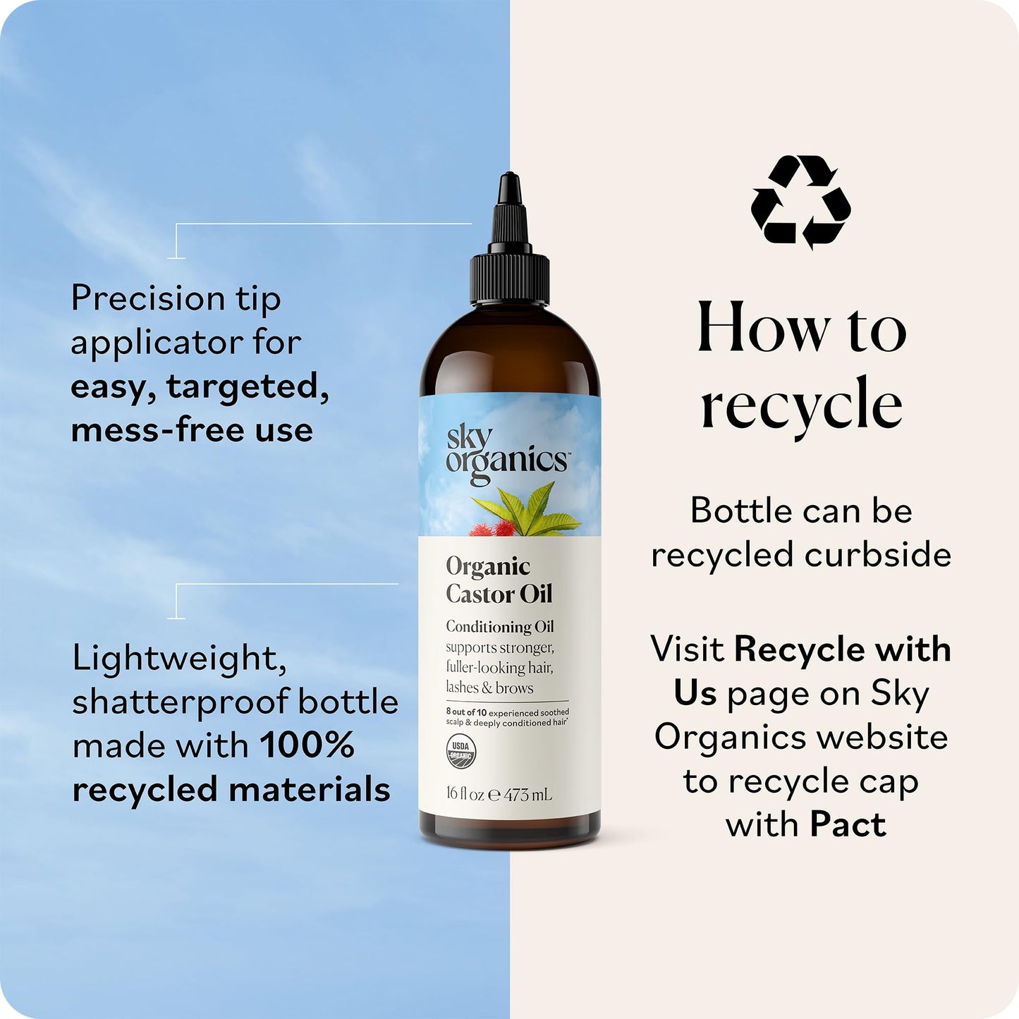 Sky Organics - Castor Oil Organic - Volumizing Hair Oil - Scalp, Lashes, Brows - Pure Castor Oil Cold Pressed - Natural Conditioner - Omega Fatty Acids, Vegan - Beauty, Hair Care, & Self Care - 8oz