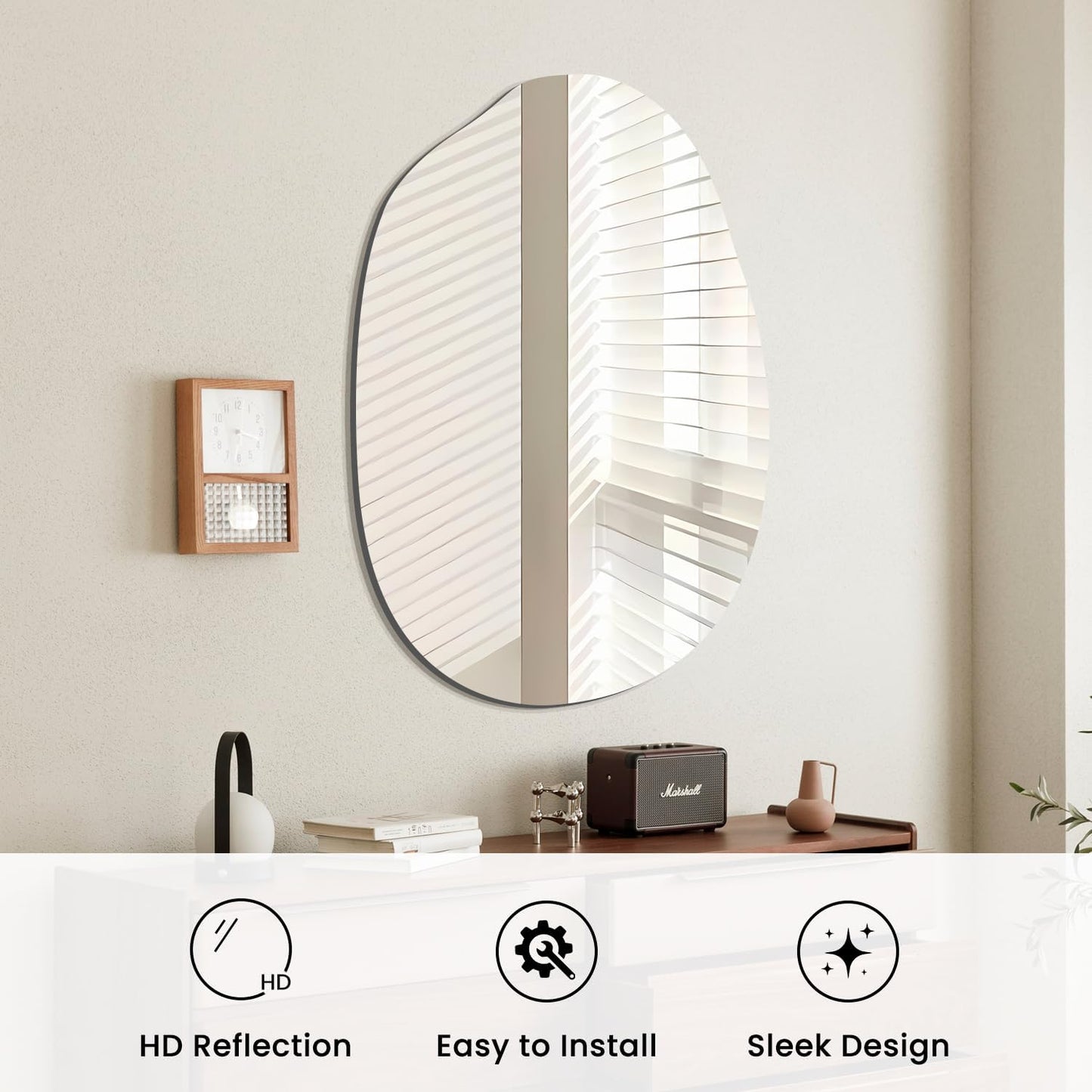 VASUHOME Frameless Bathroom Mirror - Irregular Design, 24 x 36 Inch Wall Mounted | Stylish Vanity Decor