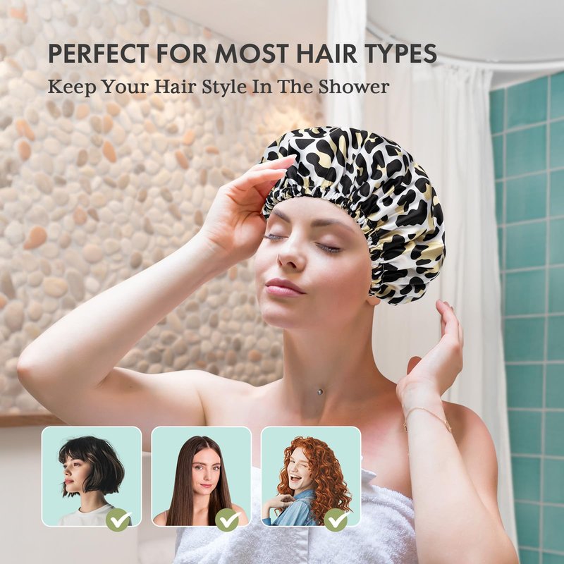 AmazerBath Shower Cap, 4 PCS Shower Caps for Women Reusable Waterproof, Double Layers Hair Cap for Shower, Elastic and Flexi Bath Caps, Environmental Protection Bathing Caps
