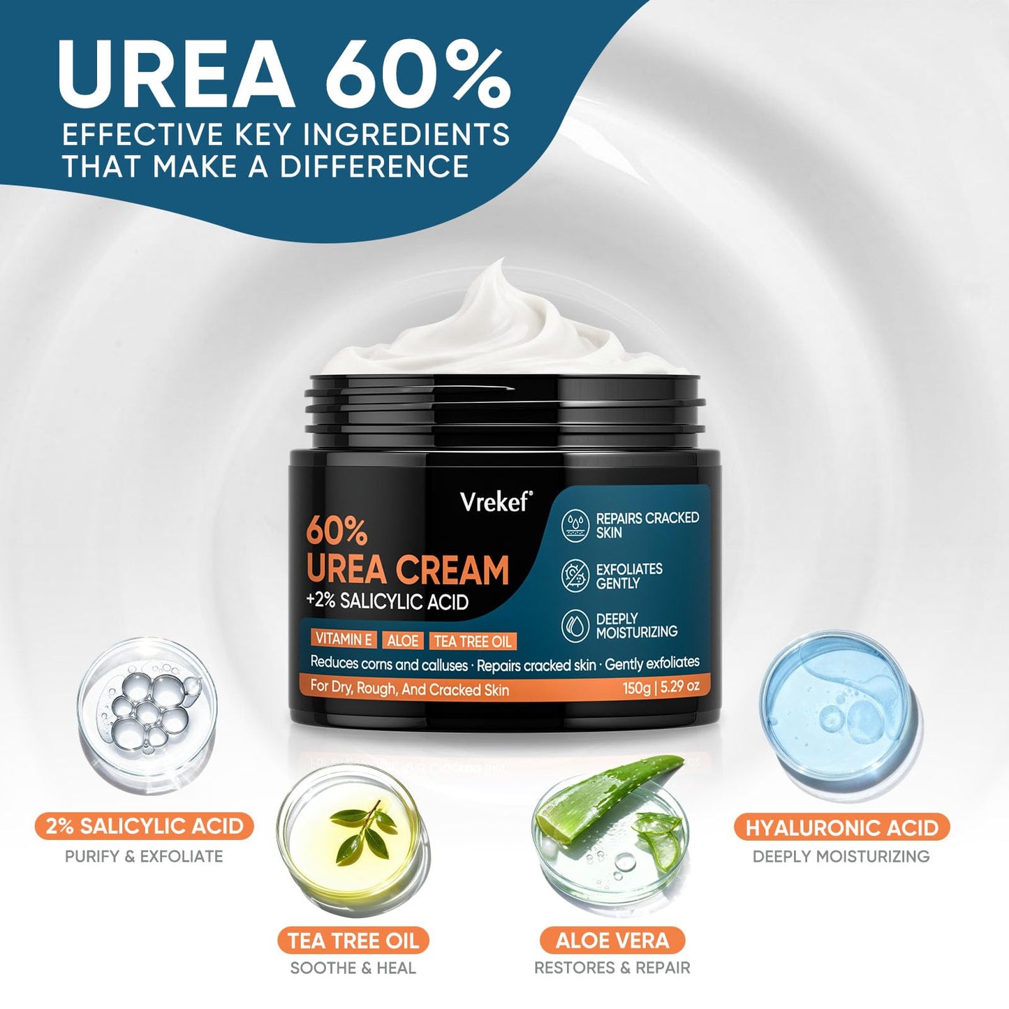VREKEF Urea Cream 60% with 2% Salicylic Acid, Urea Cream 60 Percent for Feet Maximum Strength, Foot Cream & Callus Remover for Dry Cracked Heels, Rough Thick Skin, Deep Hydration, 5.29 oz