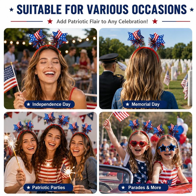 PODUOJIEYI 250th Anniversary Independence Day Headband Red White Blue American Flag Star Head Boppers with Glitter Tassel 4th of July Hair Accessories for Women Patriotic Party Favors