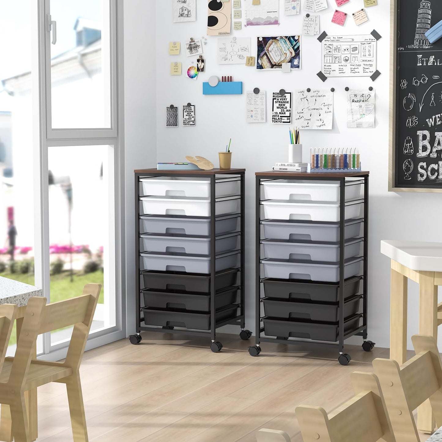 SYKIARIOL Rolling Cart with Drawers,Utility Cart With 8 Drawers and Wooden Tabletop for Living Room,Classroom,Bedroom,Bathroom,Dorm,Office,Dark Grey