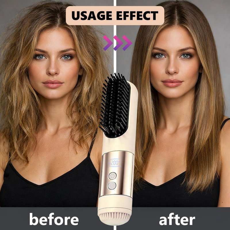 Go Brush Pro 2026 Hair Straightener, 3-Temperature Fast Heating Ceramic Ionic Hair Brush, Portable Frizz Control Styling Tool for Women, Beige