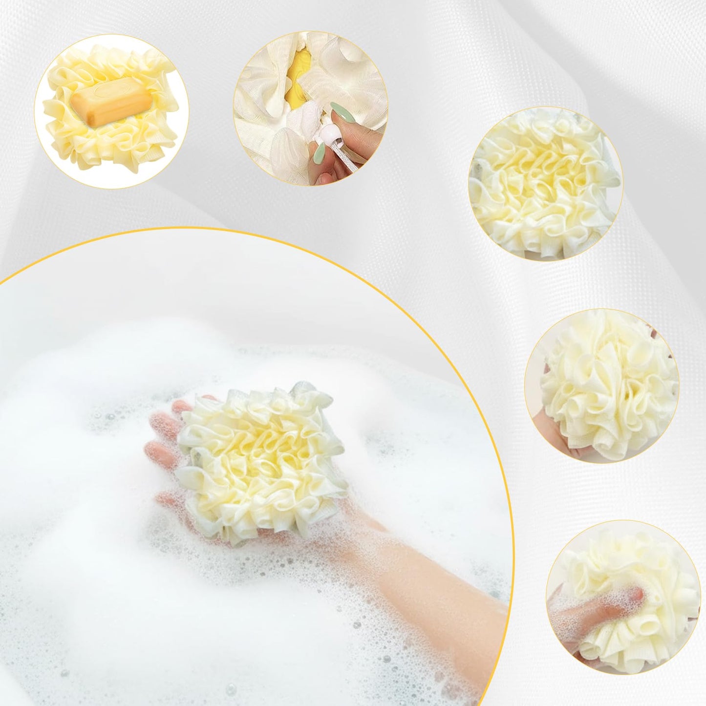 3 Pack Bar Soap Loofah, Soap Bar Loofah Pouch for Gentle Exfoliation, Washable Loofahs with Bar Soap Holder, Ideal Suitable for Daily Shower and Travel （Yellow）