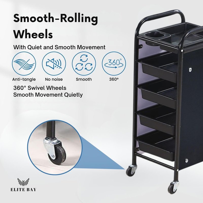 ELITE BAY-Hairdressing Trolley- Metal Salon Rolling Cart Organizer.Durable Beauty Storage Unit with Wheels.Multi-Tier Tray System for Hair Tools, Makeup & Spa Essentials.Black & Gold Finish