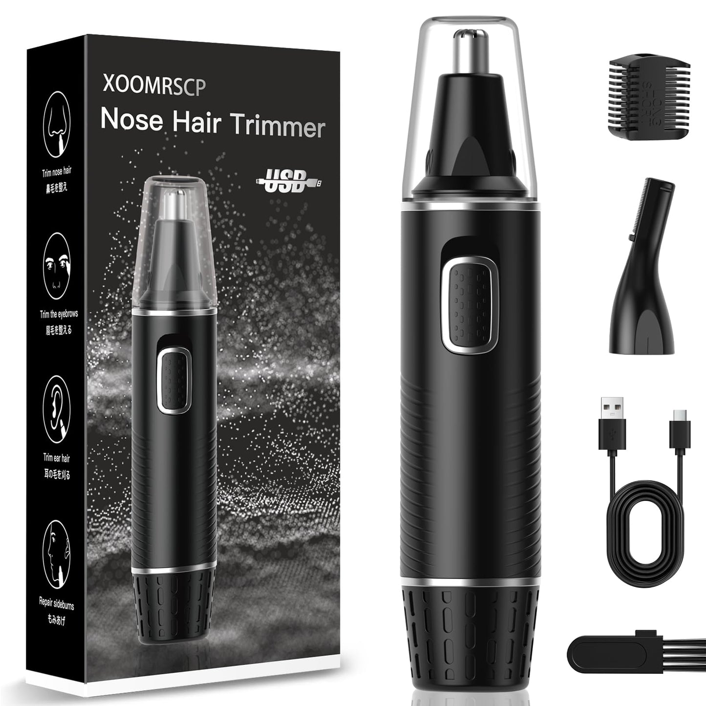 XOOMRSCP Professional Nose Hair Trimmer for Men, Rechargeable 2 in 1 Painless Ear & Nose Hair Trimmer with IPX7 Waterproof Dual-Edge Blades for Eyebrow & Facial Hair (Black)