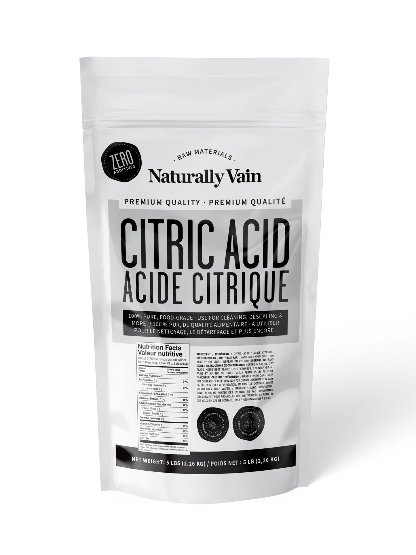 Naturally Vain Citric Acid Food-Grade, Pure Citric Acid Powder for Cleaning, Descaling, Flavoring, DIY Bath Bombs, Natural Preservative, Fine Granules, 5lb Resealable Bag
