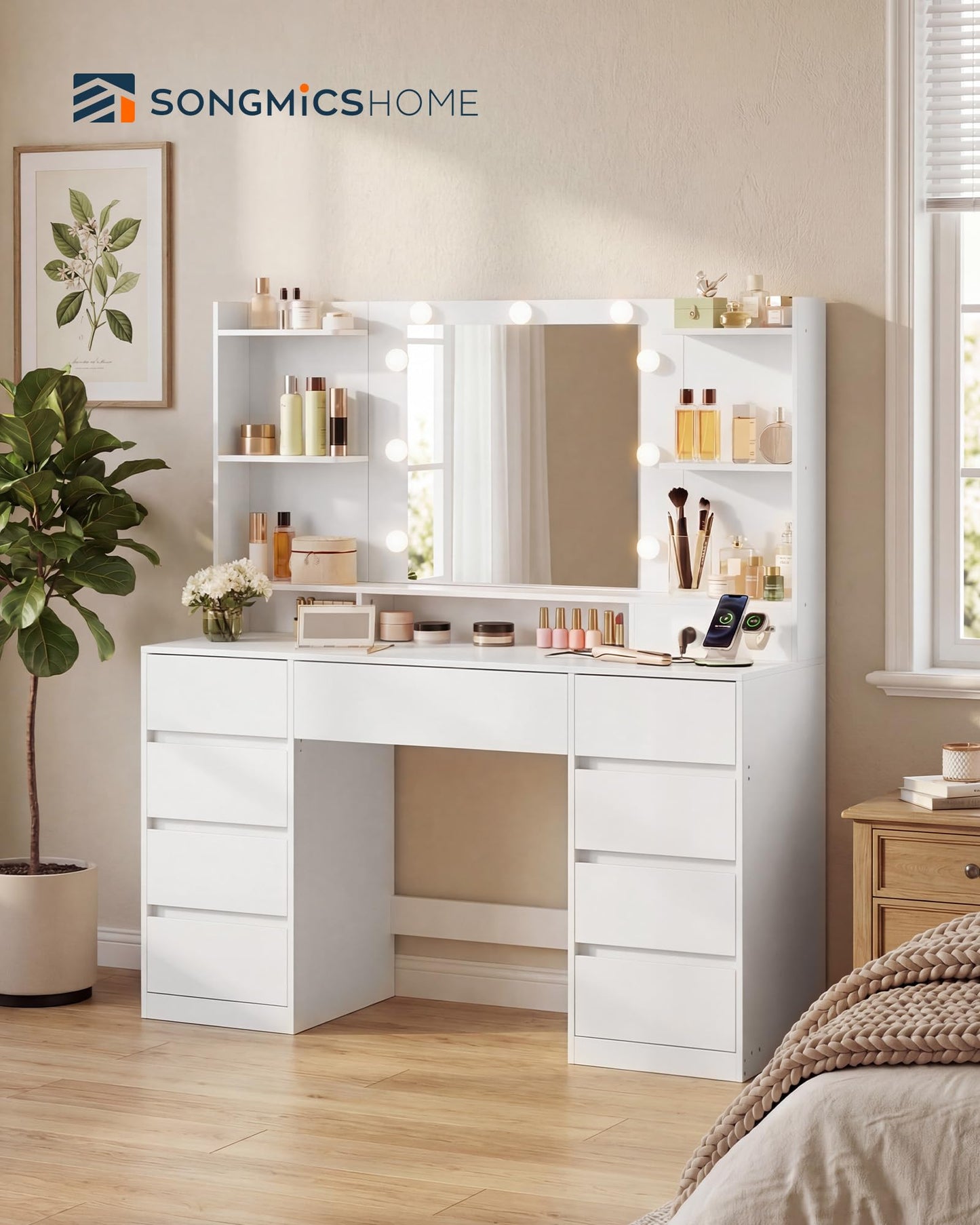 SONGMICS HOME Vanity Desk with Mirror and Lights, Makeup Vanity Table with Power Outlets, 9 Drawers Storage Dressing Table for Bedroom, White