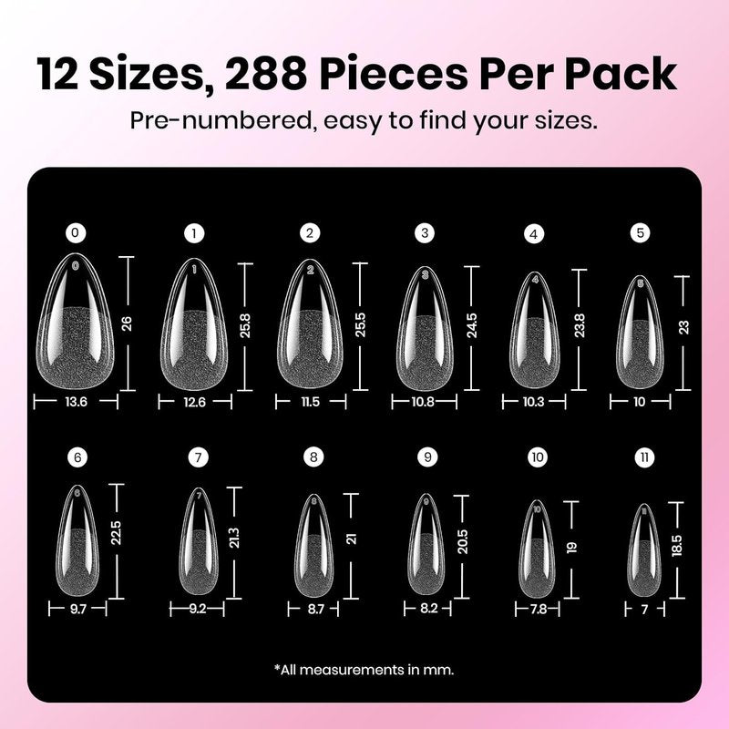 Beetles Gel Nail Kit - Medium Almond 288pcs | HEMA-Free Nail Glue, Top Coat & Base Gel Set for DIY Extensions