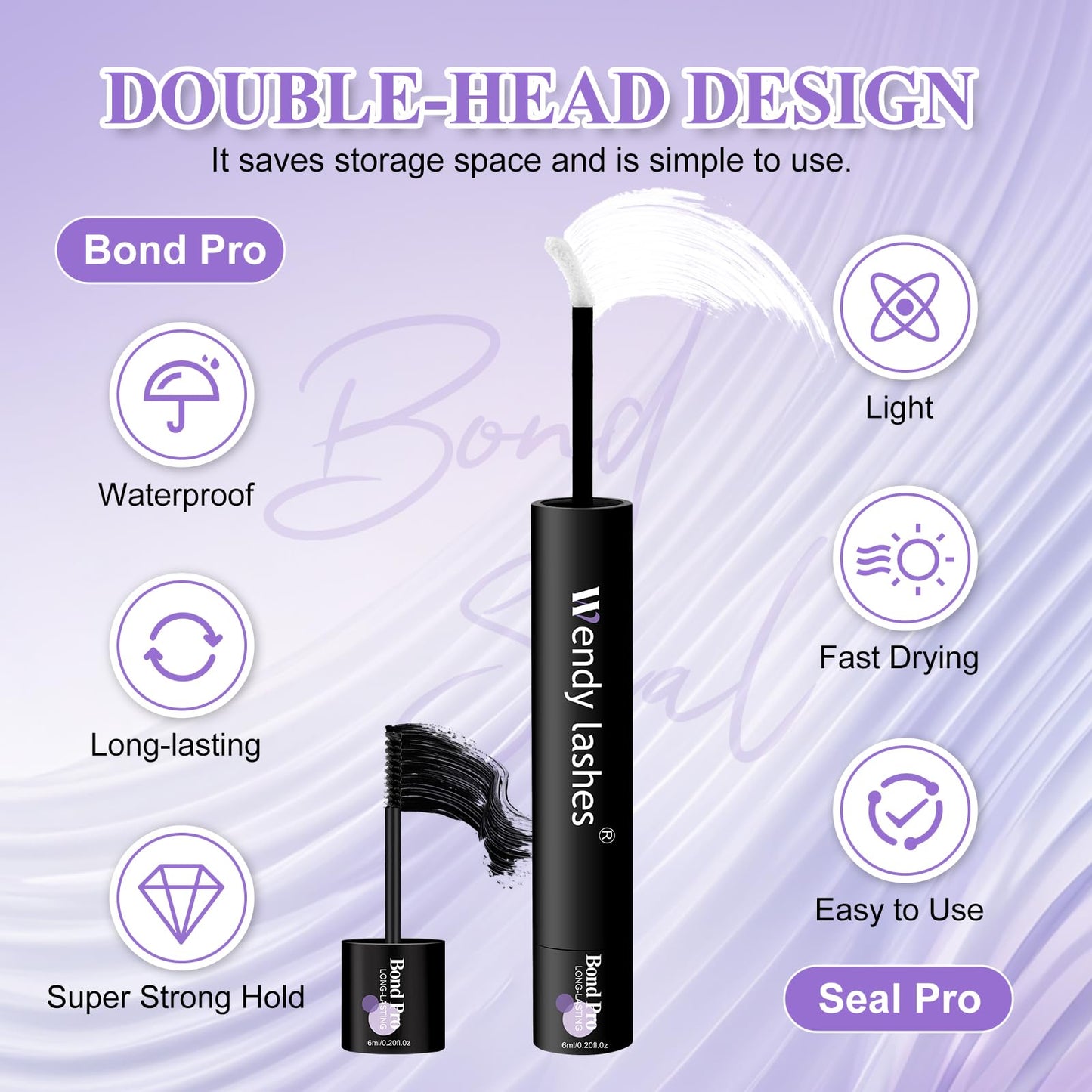 Wendy Upgraded Lash Cluster Glue: Lash Bond and Seal Pro Waterproof, Strong & Flexible Hold, Long-Lasting 72H, Gentle Low Odor, Quick-Dry, Eyelash Glue Bond Pro+Seal Pro（6ml+6ml）