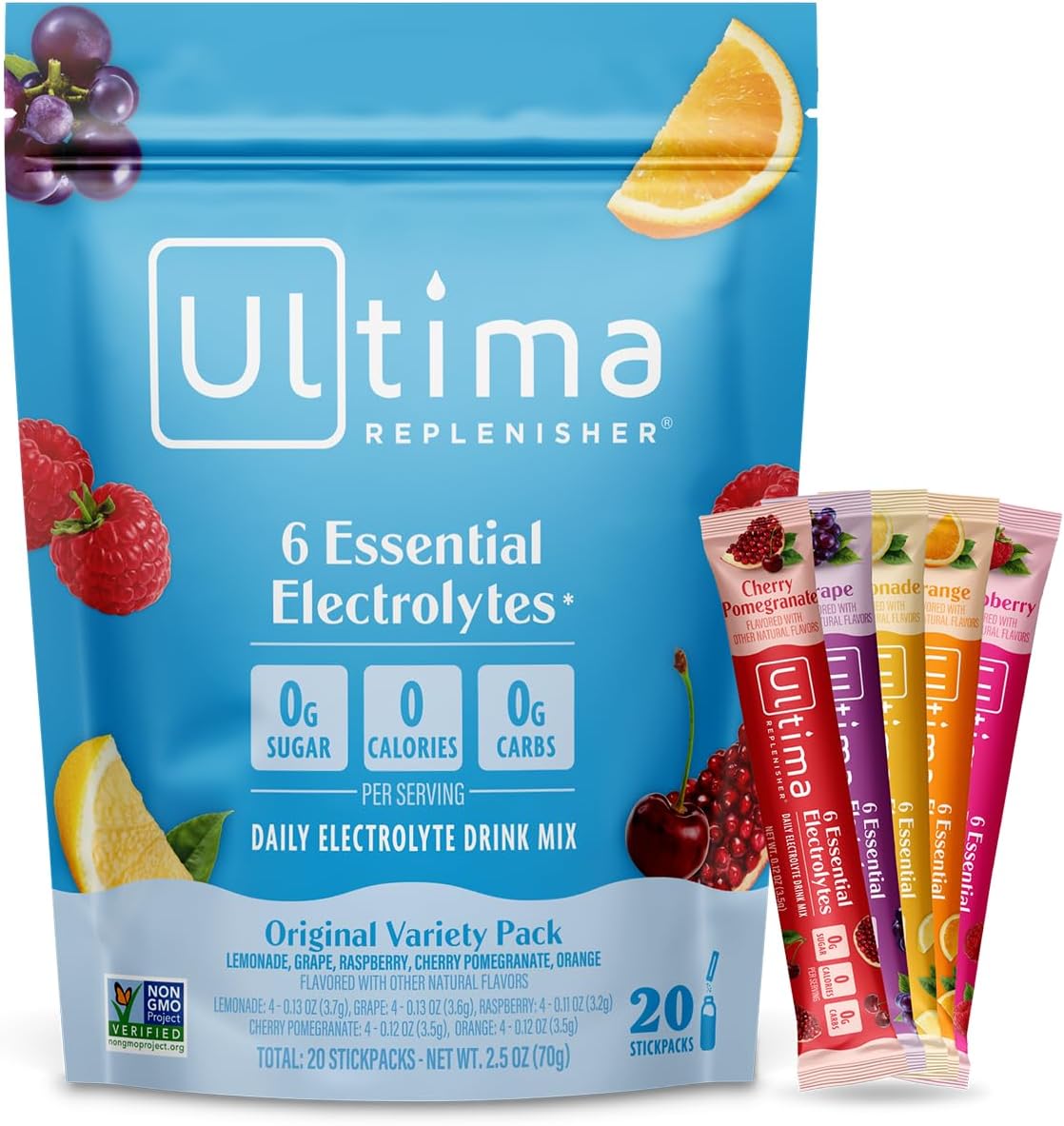 Ultima Replenisher Electrolyte Powder - Zero Sugar Hydration Packets | Original Variety Pack, 20 Stickpacks