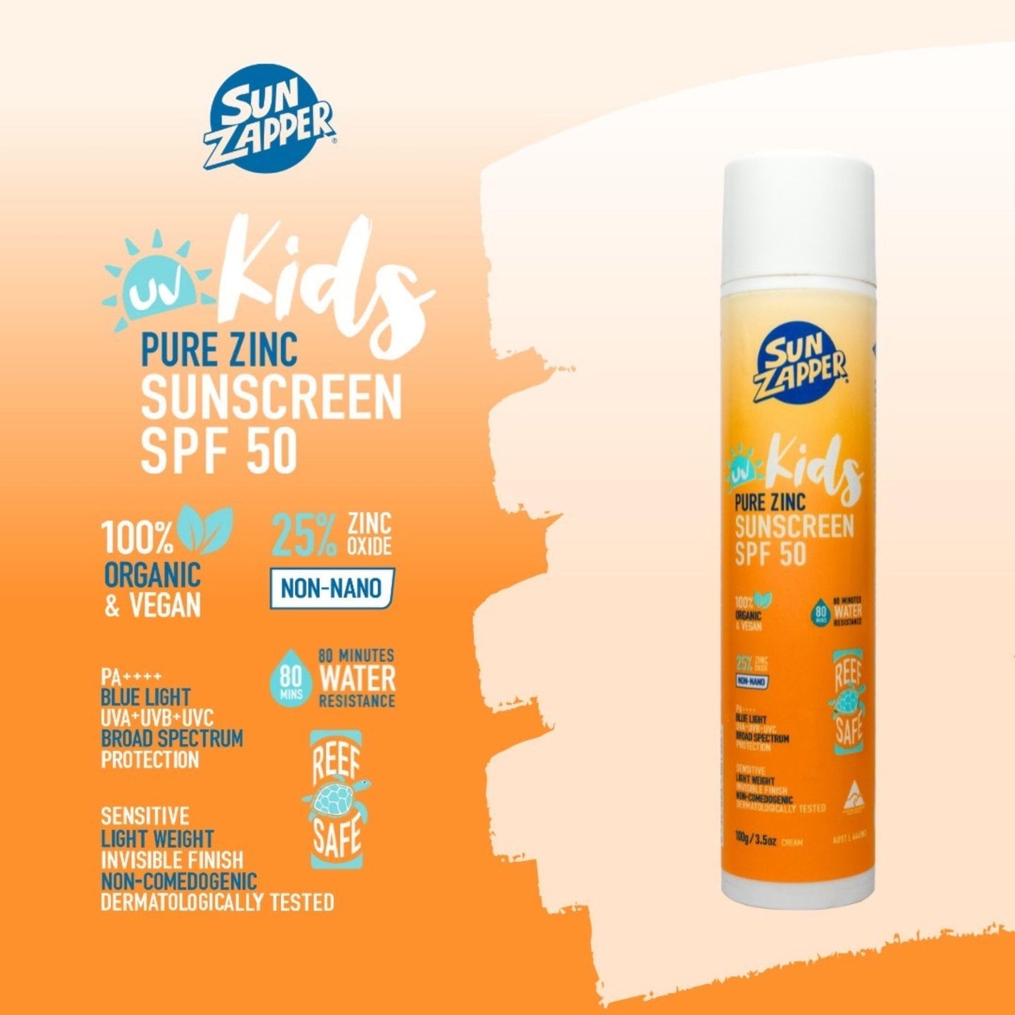 Sun Zapper Kids Pure Zinc Sunscreen SPF 50 – Mineral Sunscreen for Children with Organic Ingredients, 25% Non-Nano Zinc Oxide, Reef Safe, Water Resistant, Fragrance Free, Vegan, 100g (3.5 oz) Pump