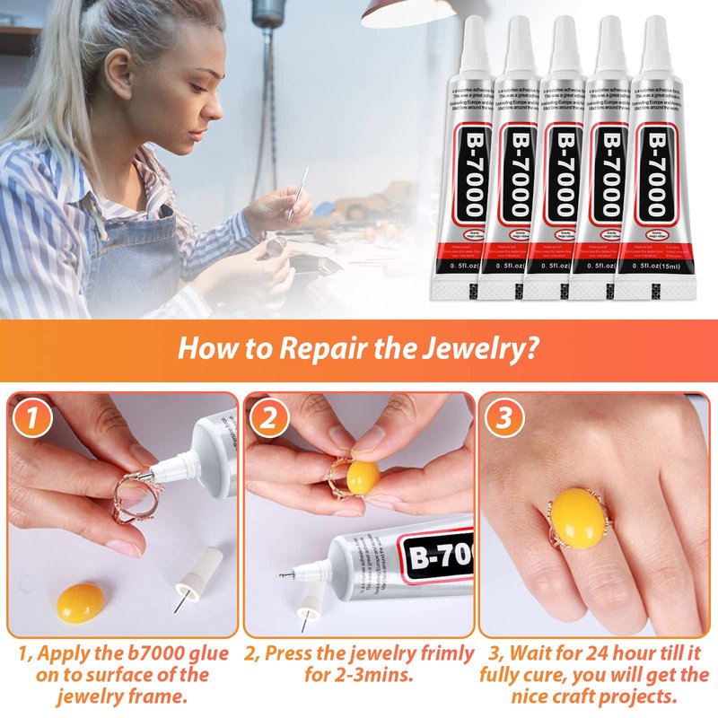 B7000 Clear Adhesive with Precision Tips, 5 PCS B-7000 Jewelry Bead Glue for Diamond Rhinestone Applicator Tools Set - Strength Adhesive for Nail Art DIY Crafts Clothes Shoes Bags