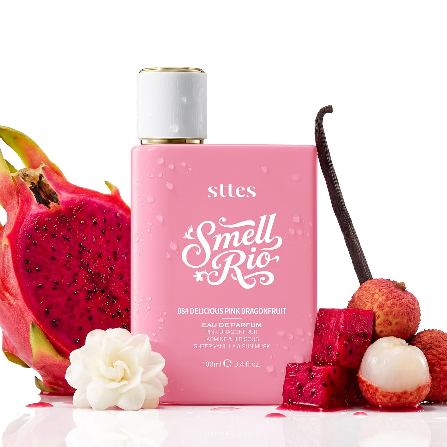 Sttes Smell Rio 08# (Delicious Pink Dragonfruit) Eau de Parfum for Women, Fruity Floral Perfume with Pink Dragonfruit, Lychee, Jasmine, Hibiscus, Vanilla & Sun Musk, 100ml/3.4 Fl Oz
