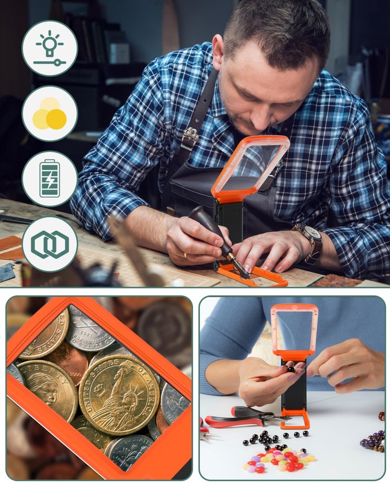 15X Magnifying Glass with Light and Stand, Rechargeable Folding Handheld Real Glass Magnifier, 3 Color Modes Dimmable Lighted Page Magnifier for Reading Small Prints, Seniors with Macular Degeneration