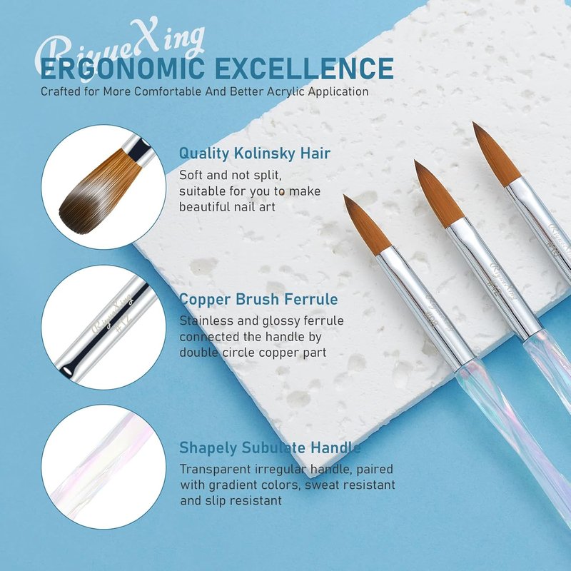 Skiennix Acrylic Nail Brush Set - Professional 3PCS Size 8/10/12 for DIY Nail Art & Manicure