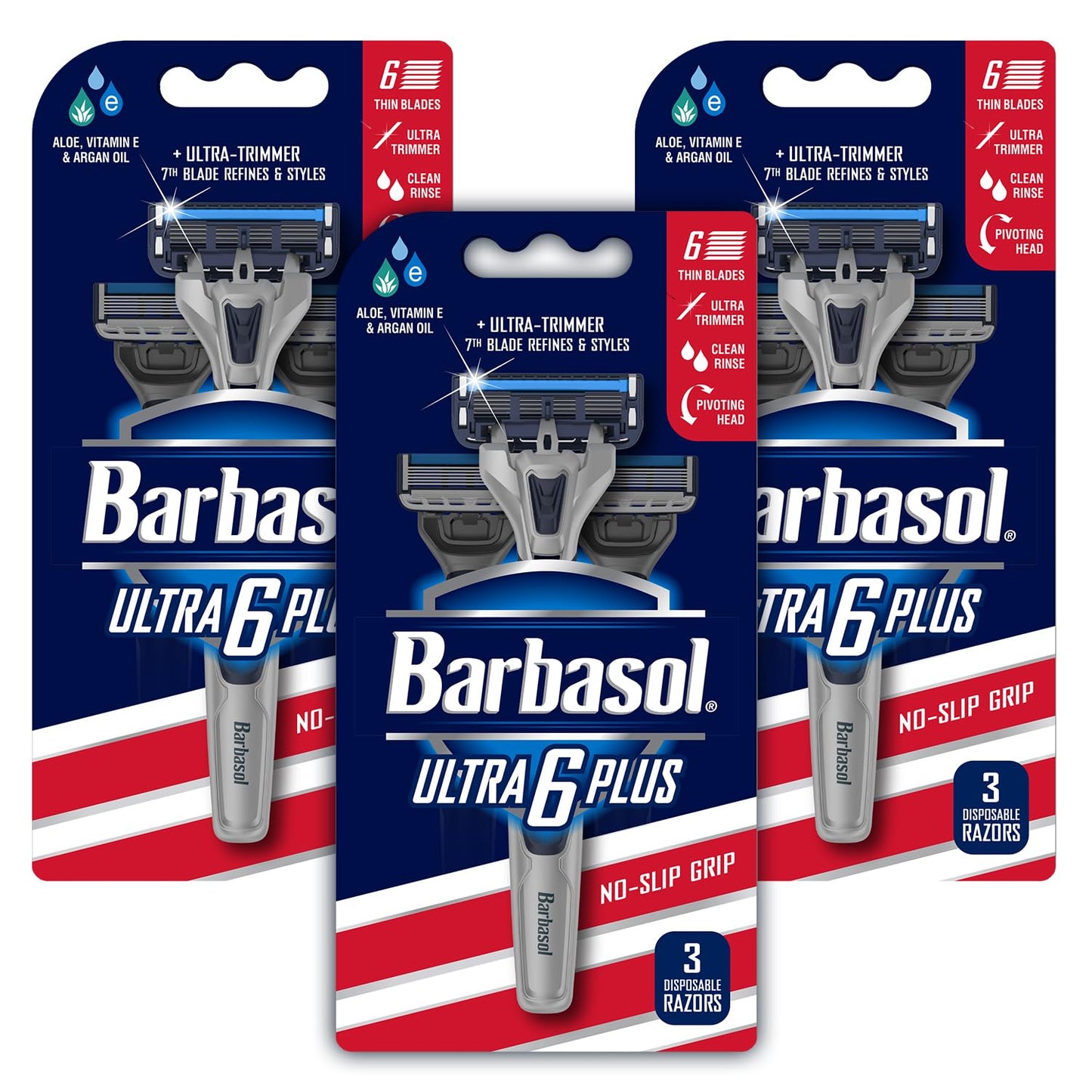 Barbasol Ultra 6 Plus Value Pack | Premium 6-Blade Disposable Razors | Disposable Shaving Razor Bundle | Close Shave Technology, UltraTrimmer 7th Blade, Pivoting Head (3 Packs / 9 Total Razors)