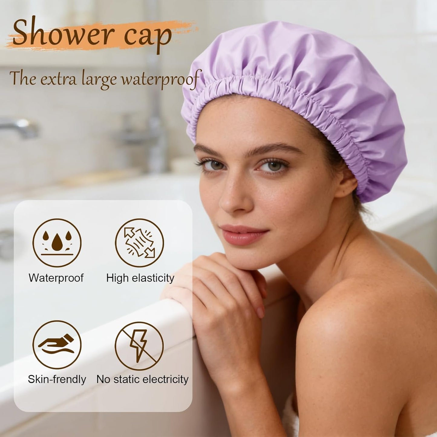 Skiennix Shower Cap - Reusable Waterproof Satin Lined Design | Large Purple Bath Cap with Soft Elastic Band