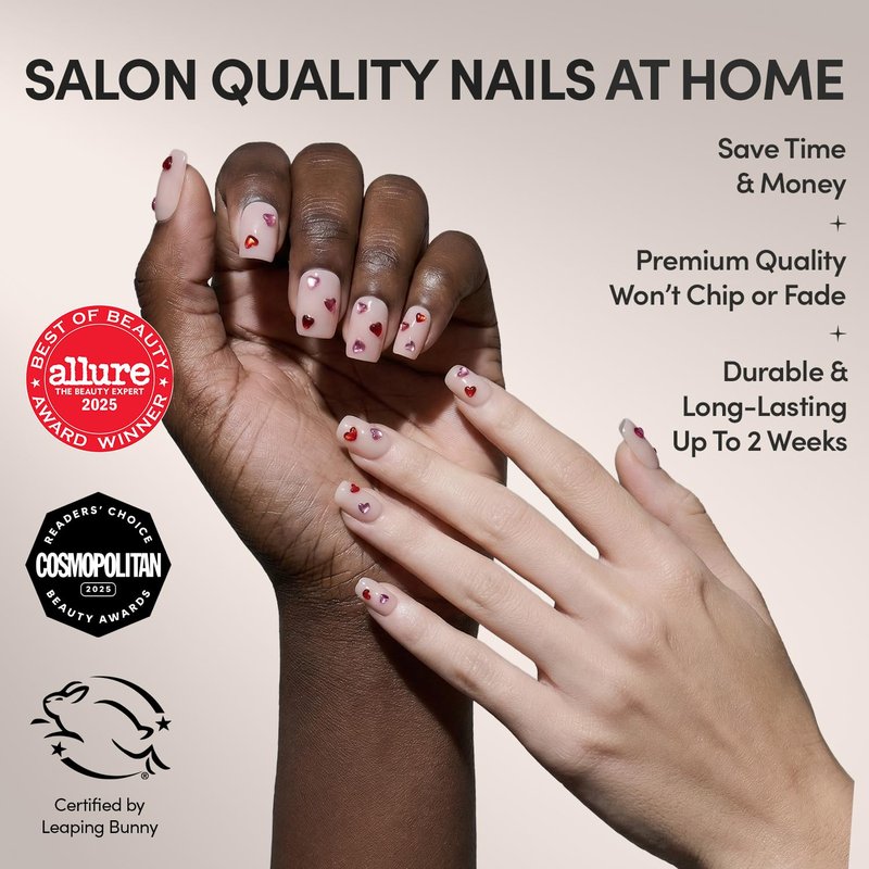 Glamnetic Press On Nails - Short Squoval Fake Nails with 3D Red & Pink Gemstone Hearts | 15 Sizes - 30 Nail Kit with Glue