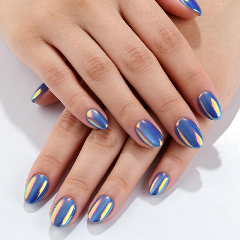 Blue Press on Nails Aurora Short Oval Fake Nails with Chrome Design Glossy Full Cover Dark Color Stick on Nail for Women Manicure 32Pcs