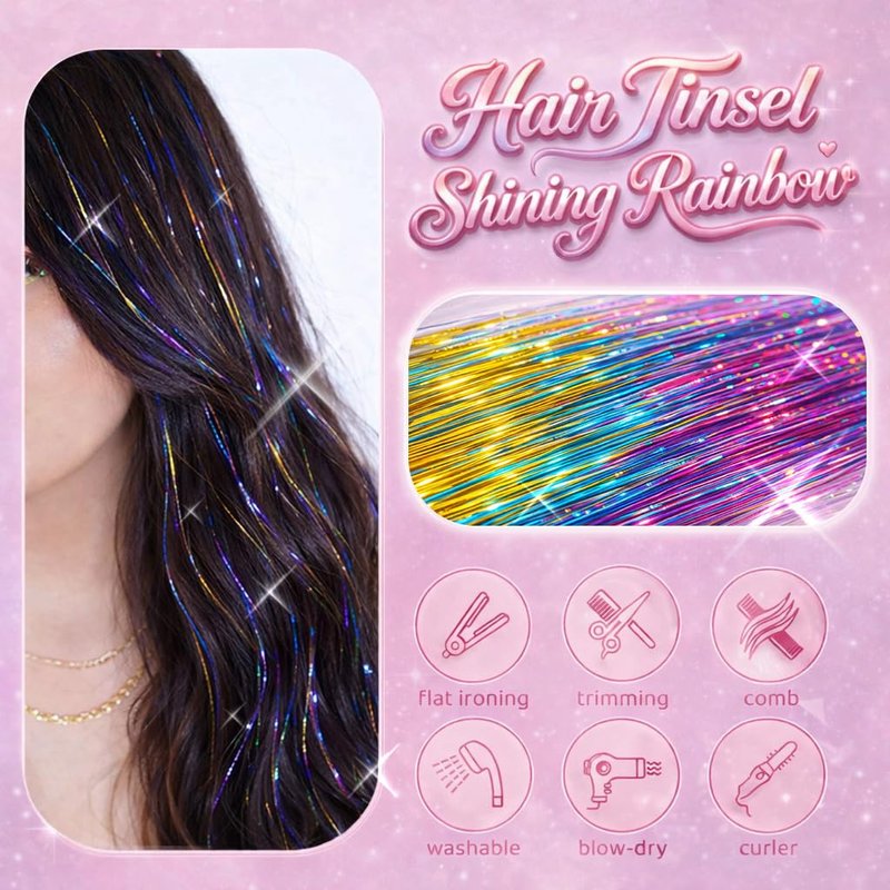 Rainbow Hair Tinsel, 8 Pcs Fairy Hair Tinsel Kit for Girls Women 48 Inch 3200 Strands with Tools Hair Accessories Glitter Tinsel Hair Extensions for Party Festival Christmas (Rainbow)