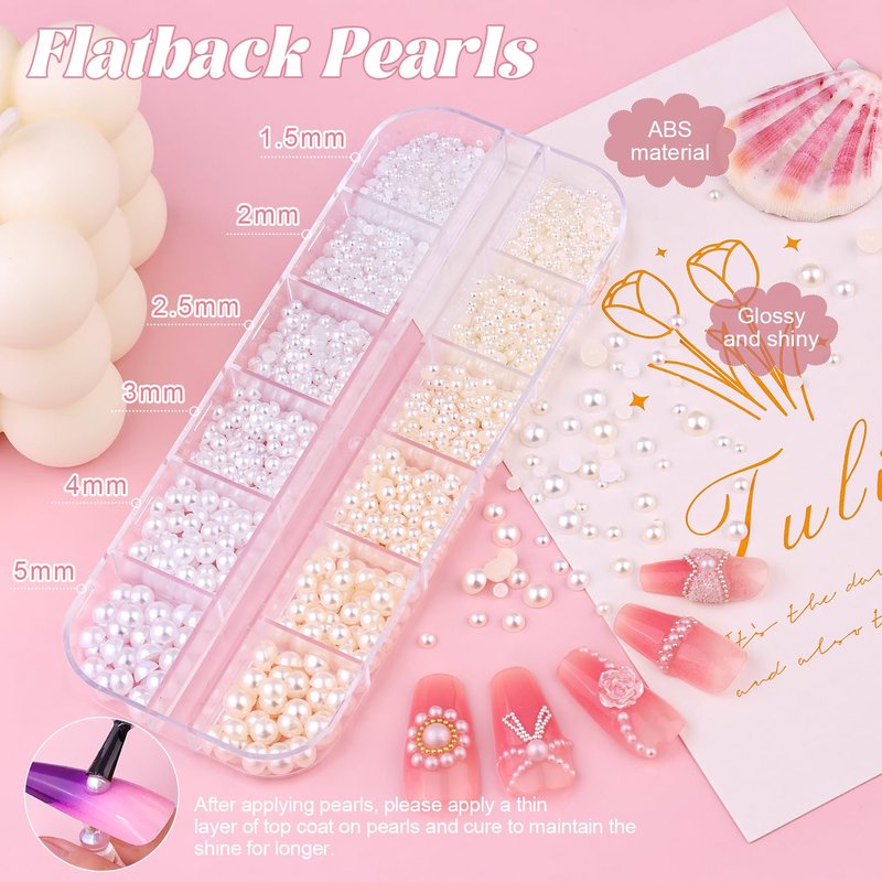 Flatback Pearls (White+Beige) and Metal Nail Beads (Silver+Gold) for Nail Art, Luxurious Pearl Nail Charms and Small Round Caviar Beads Nail Accessories for Acrylic Nail Tips Manicure Decor