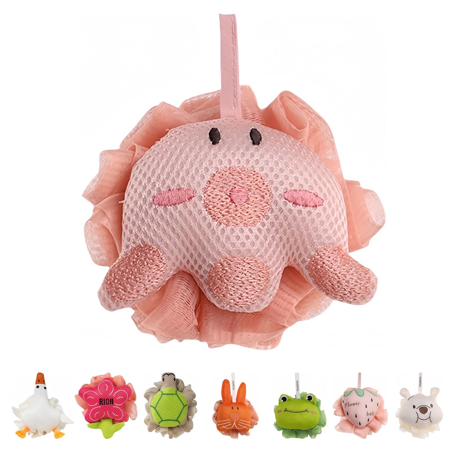 Kids Loofah, Cute Cartoon Animal Kids Bath Sponge with Hanging Rope, Soft Double Mesh for Rich Lather (Pink Octopus)