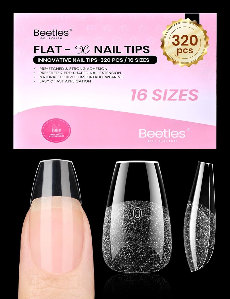 Beetles Gel Nail Tips - Short Coffin Shape, 320pcs in 16 Sizes | Pre-Etched Half Matte Acrylic Press-On Nails for Easy DIY Art