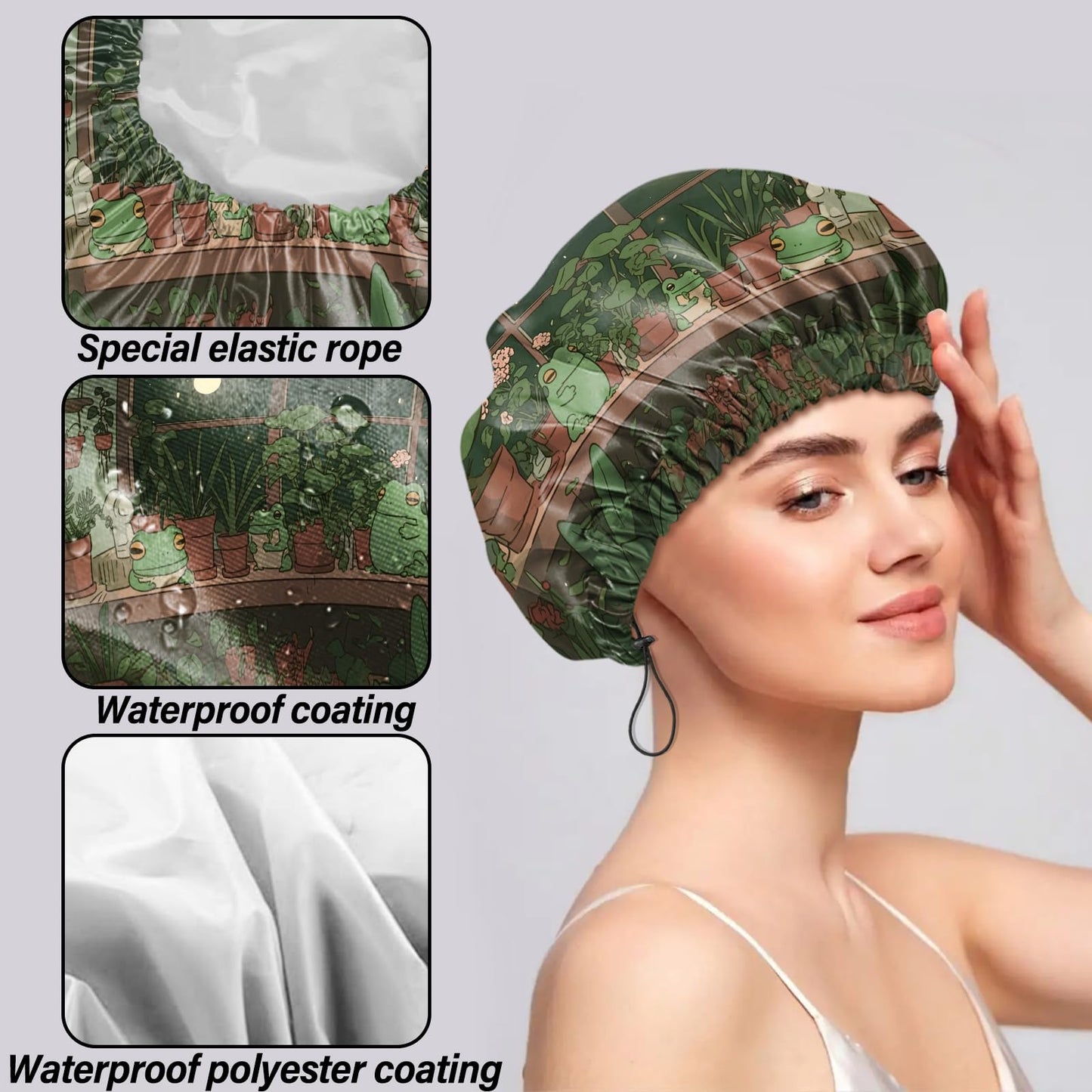 Cabreche 2 PCS Shower Cap Reusable Waterproof Double Layers Hair Caps Shower Bath Adjustable Elastic Hat for Women Girls Cute Aesthetic-Sea Turtle Frog