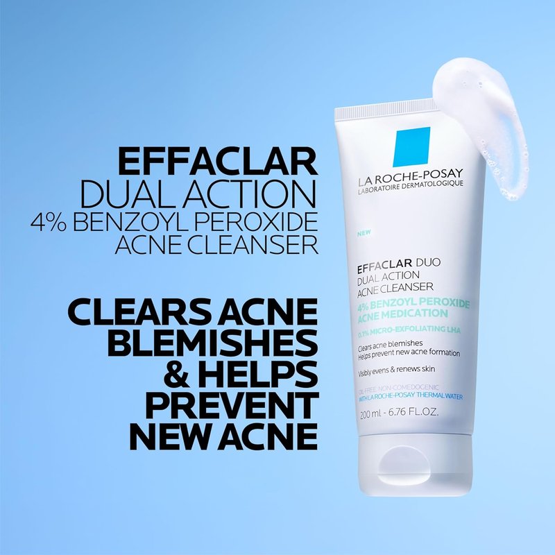 La Roche-Posay Effaclar Dual Acne Face Wash - 4% Benzoyl Peroxide & LHA Exfoliant, 6.76 Fl Oz