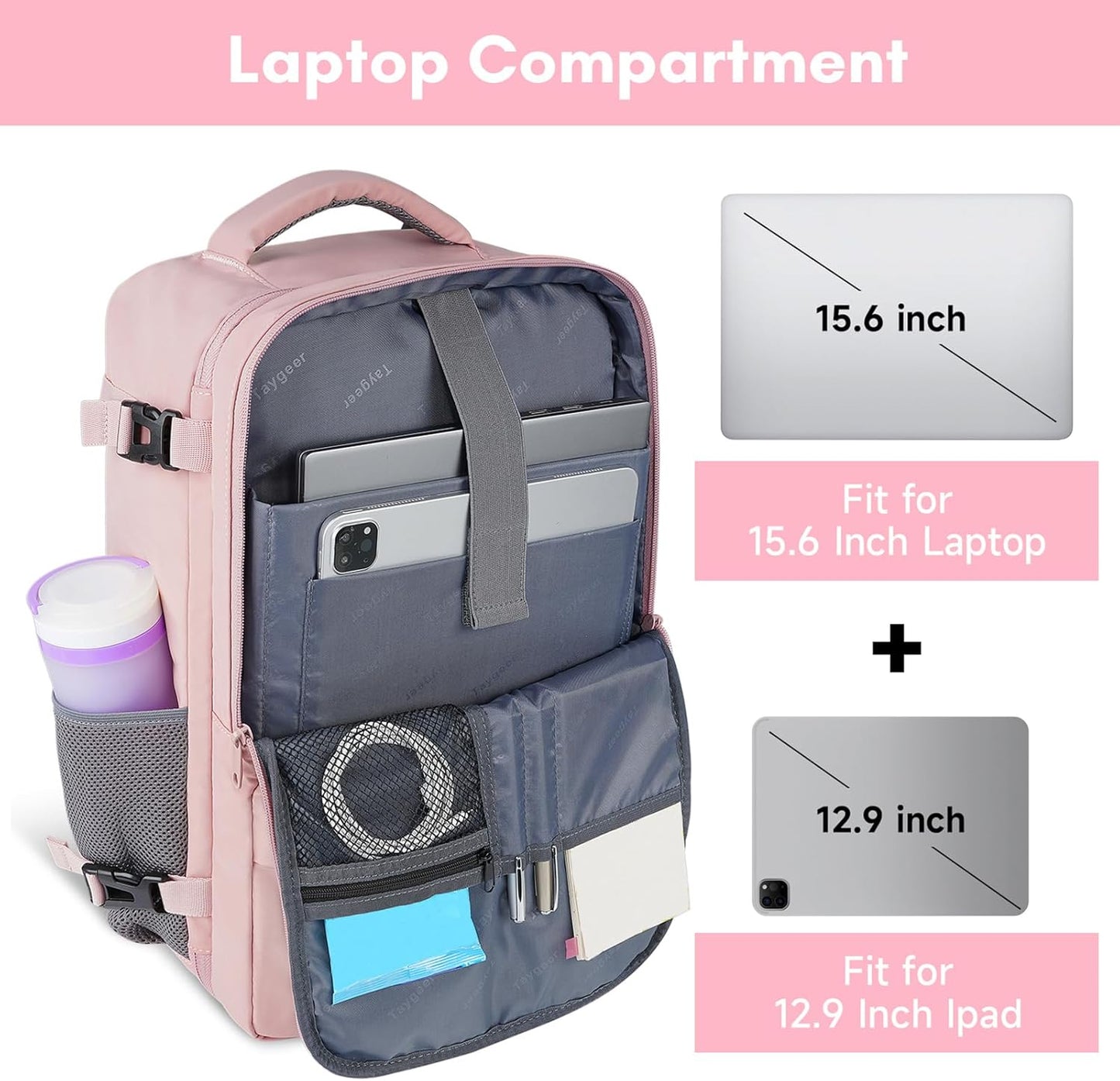 Taygeer Travel Backpack for Women - TSA-Approved 15.6" Laptop Bag with Water Bottle Pocket & Shoe Pouch | Pink Casual Daypack for Business & Hiking