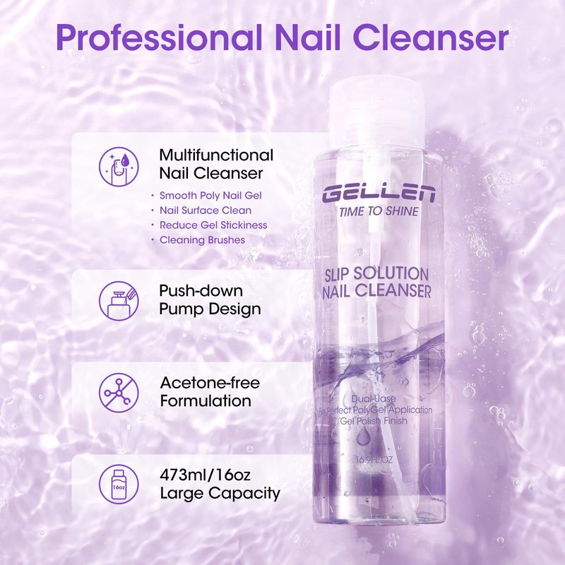 Gellen 16oz Multi-Purpose Nail Cleanser, Pump Bottle Design Nail Surface Cleaner for Prep Nails, Tacky Residue Remover for High-Shine Gel Top Coat, Polygel Slip Solution, Nail Cleaning for Manicure