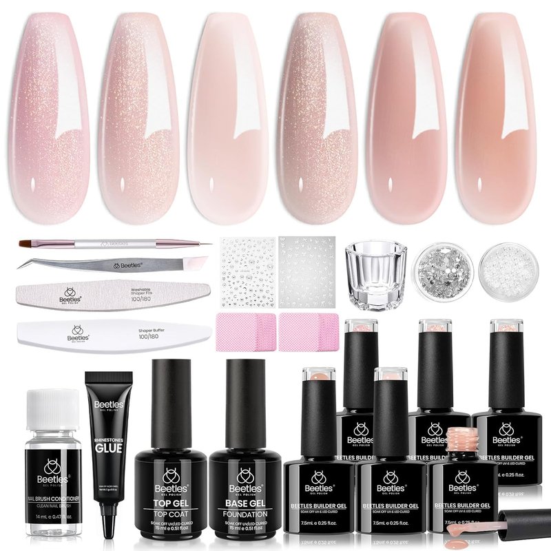 Beetles Builder Gel Nail Kit - Glow Meadow 6-Color Pink Nude Glitter Gel for Nail Strengthening & Extensions | Beginner-Friendly DIY
