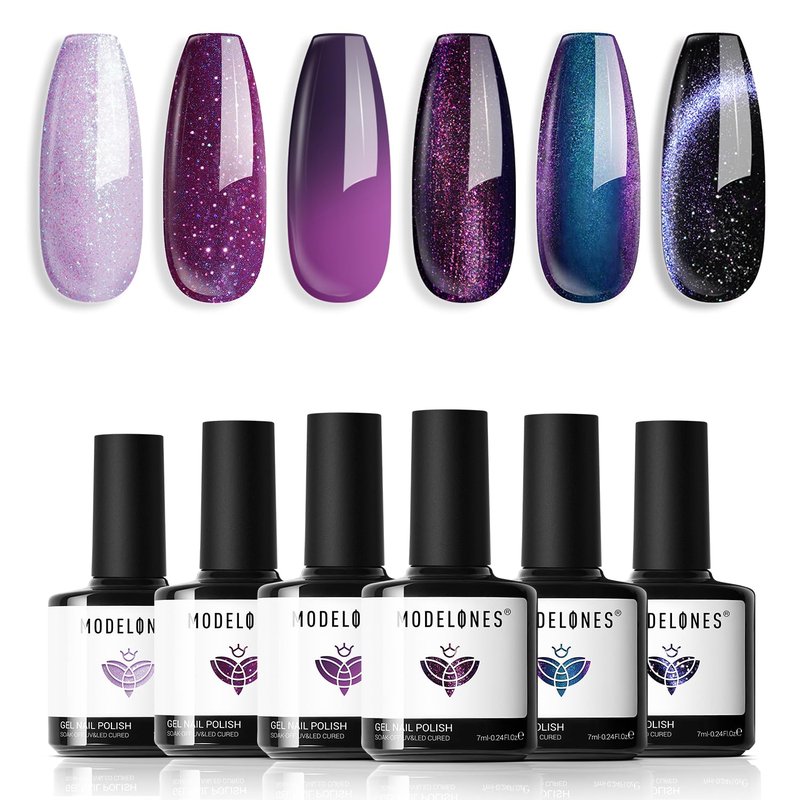modelones Gel Nail Polish Set, 6 Colors 2026 Purple-Red/Black/Blue Sparkle Chameleon Glitter Gel Polish Purple-Black Color Changing 9D Cat Eye Nail Polish With Magnet LED Nail Art DIY Gift