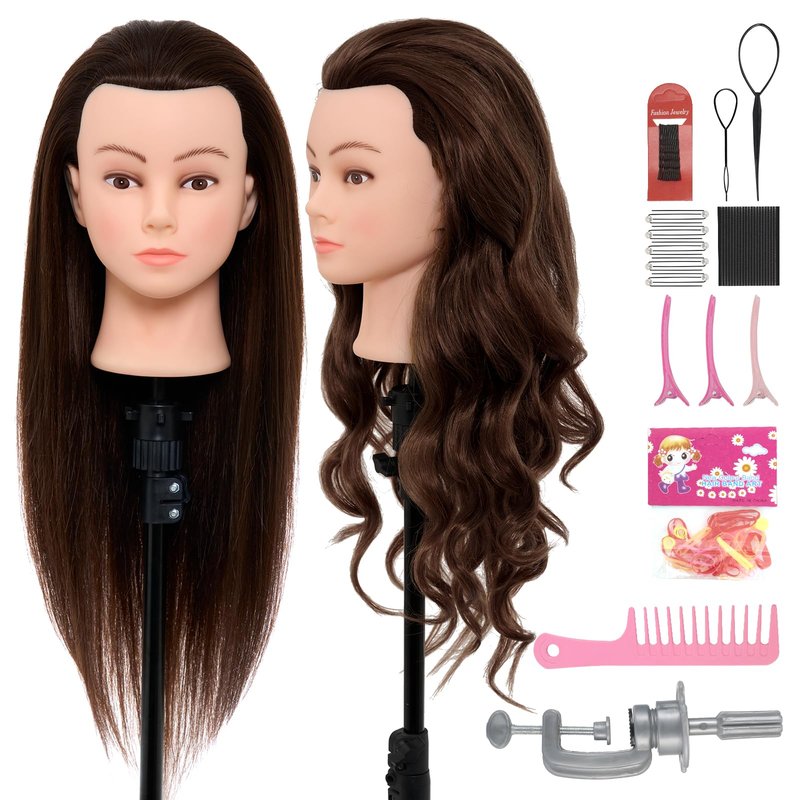 Neverland Beauty & Health 28Inch 60% Real Hair Mannequin Head,Doll Head for Hair Styling Braiding Curling,Cosmetology Mannequin Head with Hair with Table Clamp Hair Styling Set(Dark Brown)
