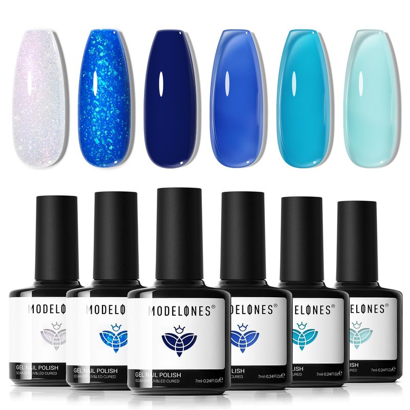 modelones Blue Gel Nail Polish, 6 Colors Jelly Glitter Sky Icy Klein Blue Gel Polish Set Light to Dark Shades for DIY French Nails Polka Dot Nails Soak Off Nail Art Kit Manicure Salon