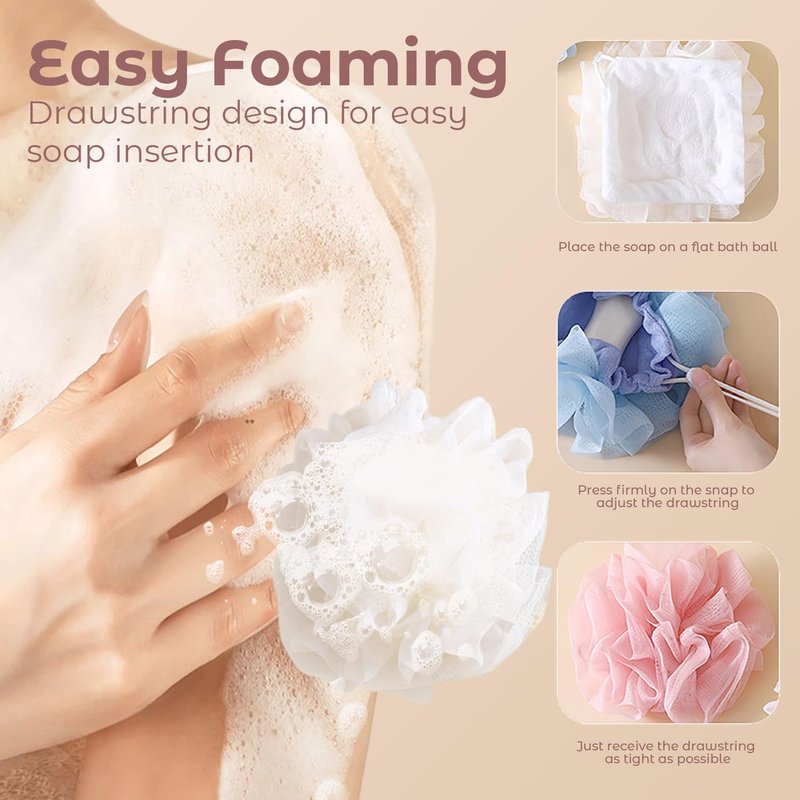 2 in 1 Loofah Sponges 2-Pack Dual-Sided Exfoliating Bath Sponges for Shower & Loofah Washcloth for Bar Soap Premium Body Scrubber with Drawstring for Gentle Skin Smoothing - Pink＆Beige